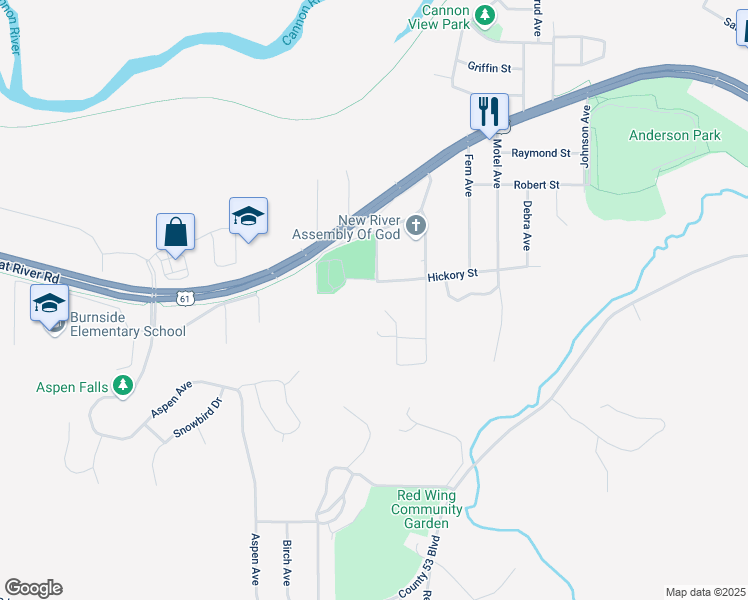 map of restaurants, bars, coffee shops, grocery stores, and more near 313 Charlson Drive in Red Wing