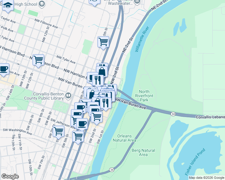 map of restaurants, bars, coffee shops, grocery stores, and more near 345 U.S. 20 in Corvallis
