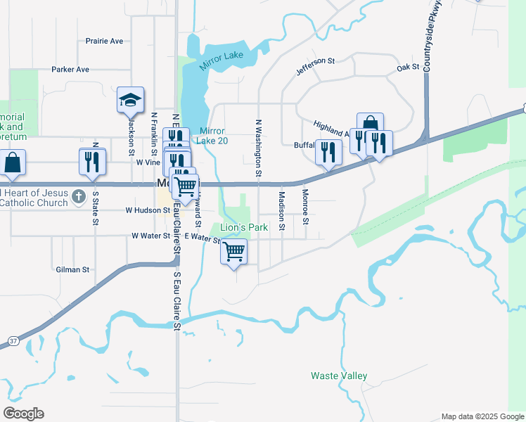map of restaurants, bars, coffee shops, grocery stores, and more near 210 South Washington Street in Mondovi