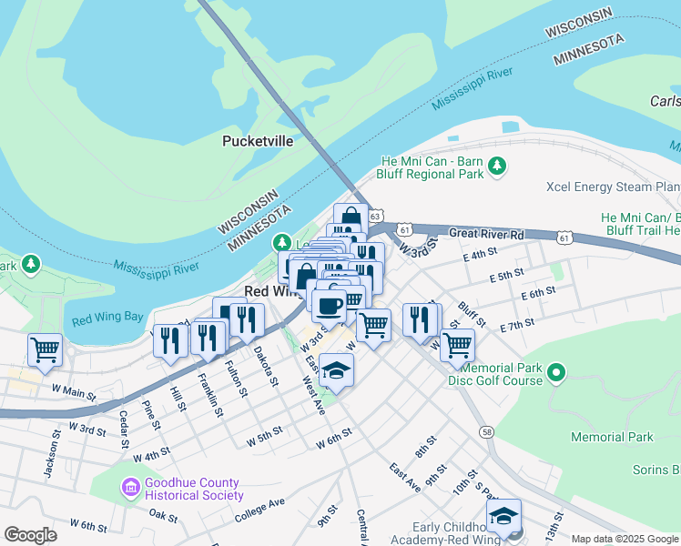 map of restaurants, bars, coffee shops, grocery stores, and more near 213 Plum Street in Red Wing