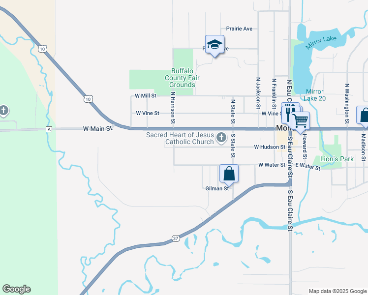 map of restaurants, bars, coffee shops, grocery stores, and more near 637 West Hudson Street in Mondovi
