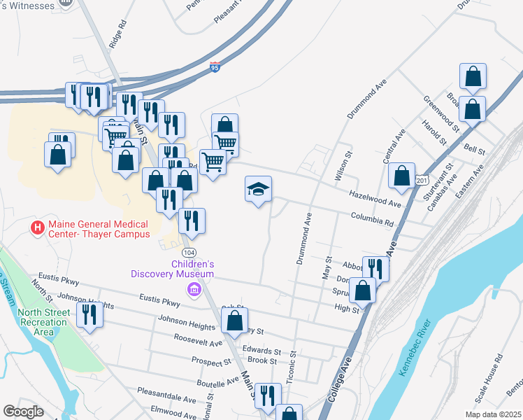 map of restaurants, bars, coffee shops, grocery stores, and more near 58 Drummond Avenue in Waterville