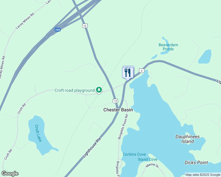 map of restaurants, bars, coffee shops, grocery stores, and more near 12 Croft Road in Chester Basin