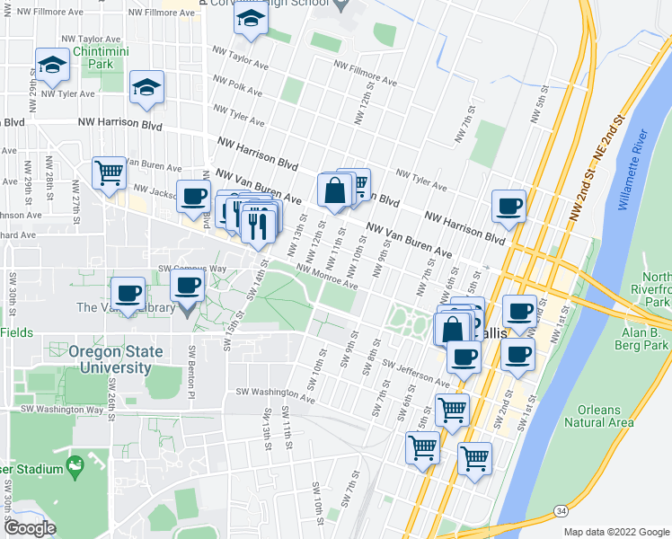 map of restaurants, bars, coffee shops, grocery stores, and more near 113 Northwest 11th Street in Corvallis