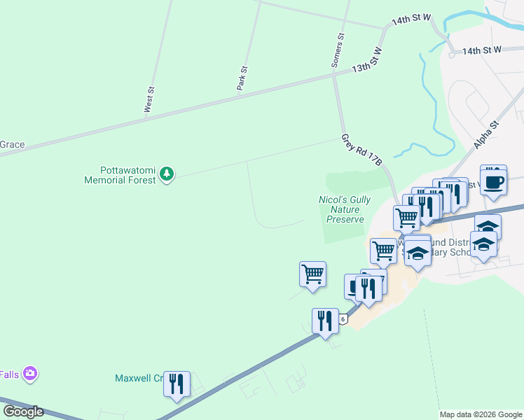 map of restaurants, bars, coffee shops, grocery stores, and more near 123 Atkins Street in Owen Sound