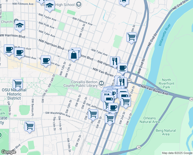 map of restaurants, bars, coffee shops, grocery stores, and more near 198 Northwest 8th Street in Corvallis