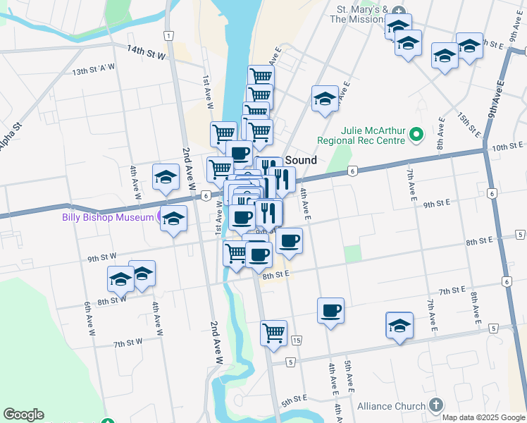 map of restaurants, bars, coffee shops, grocery stores, and more near 946 3rd Avenue East in Owen Sound