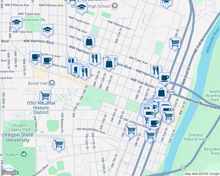 map of restaurants, bars, coffee shops, grocery stores, and more near 1015 Northwest Monroe Avenue in Corvallis