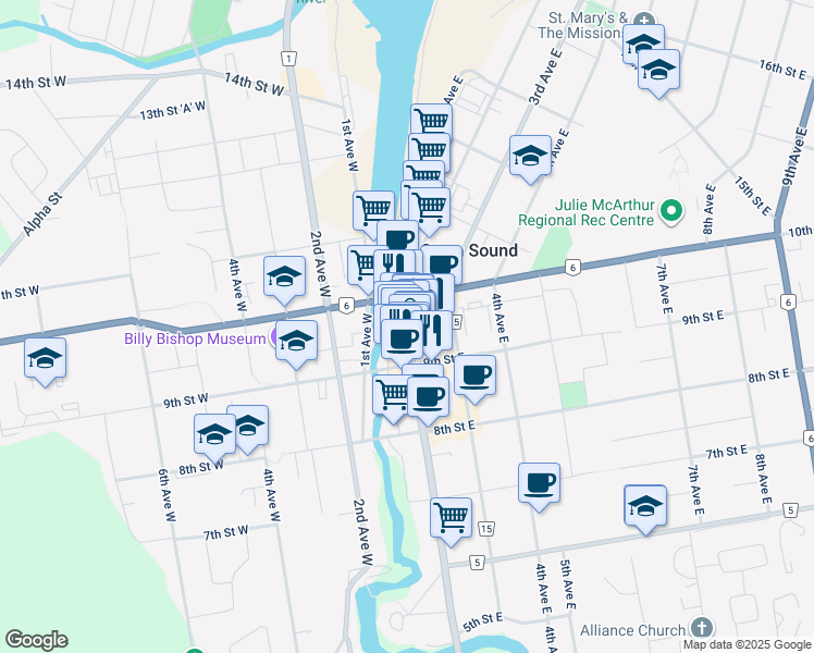 map of restaurants, bars, coffee shops, grocery stores, and more near 2nd Avenue East in Owen Sound