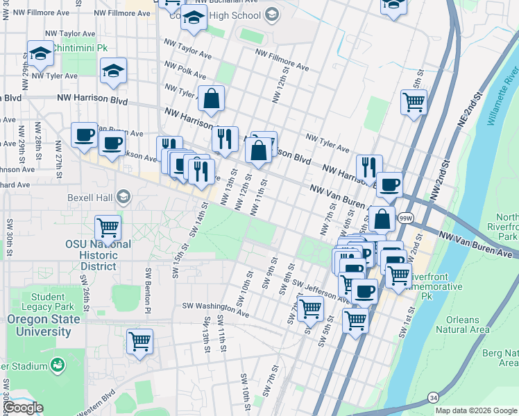 map of restaurants, bars, coffee shops, grocery stores, and more near 1015 Northwest Monroe Avenue in Corvallis
