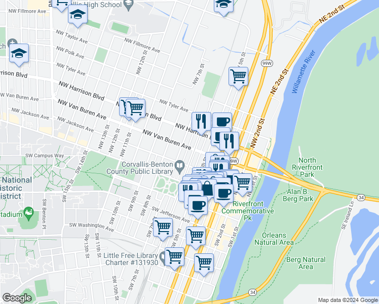map of restaurants, bars, coffee shops, grocery stores, and more near 620 Northwest Van Buren Avenue in Corvallis