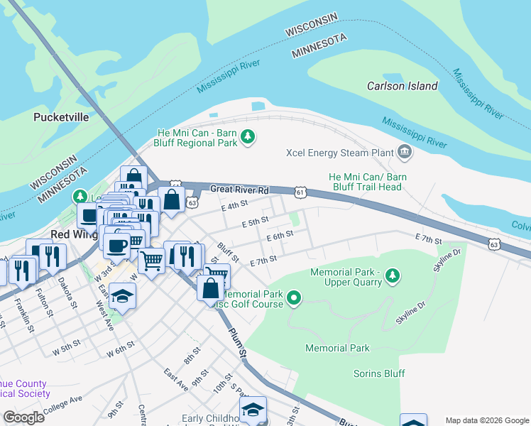 map of restaurants, bars, coffee shops, grocery stores, and more near 241 East 5th Street in Red Wing