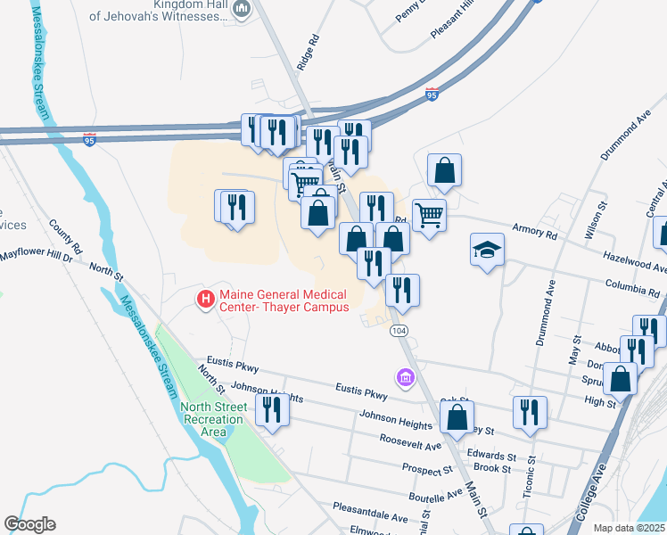 map of restaurants, bars, coffee shops, grocery stores, and more near 60 Elm Plaza in Waterville