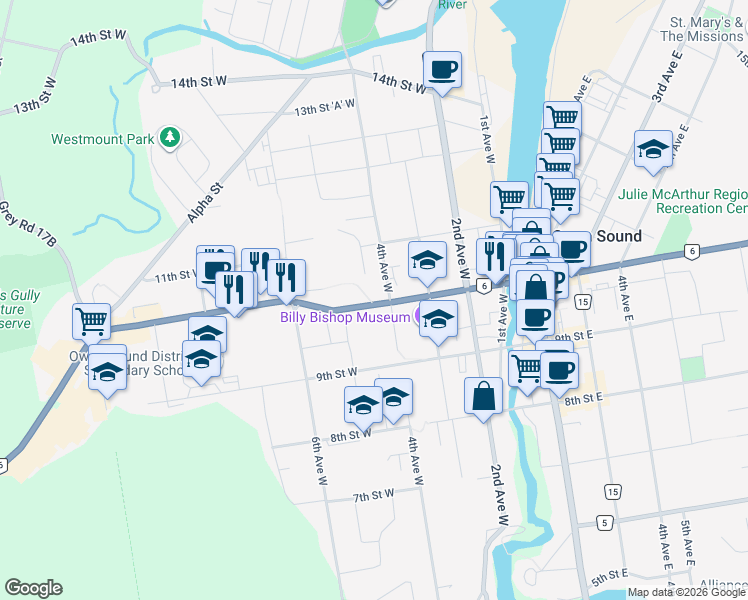 map of restaurants, bars, coffee shops, grocery stores, and more near 422 10th Street West in Owen Sound