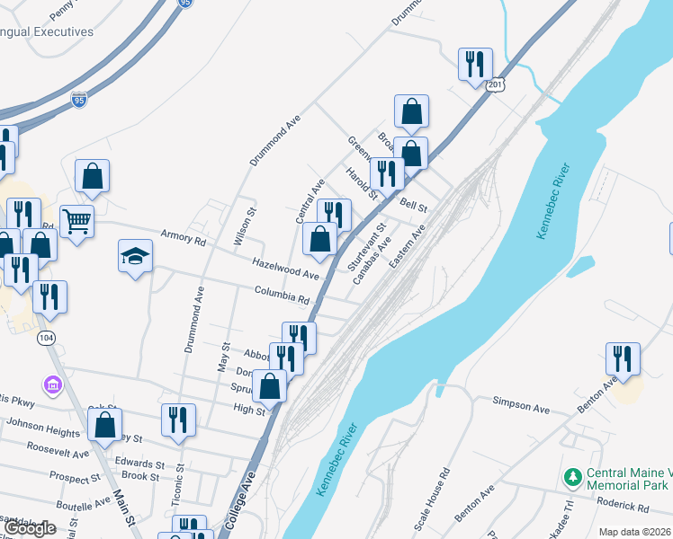 map of restaurants, bars, coffee shops, grocery stores, and more near 131 College Avenue in Waterville