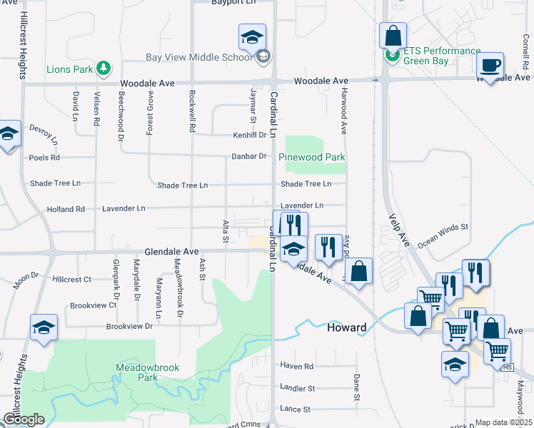 map of restaurants, bars, coffee shops, grocery stores, and more near 2595 Tulip Lane in Green Bay