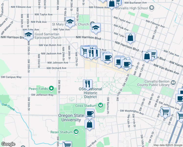 map of restaurants, bars, coffee shops, grocery stores, and more near 2500 Northwest Monroe Avenue in Corvallis