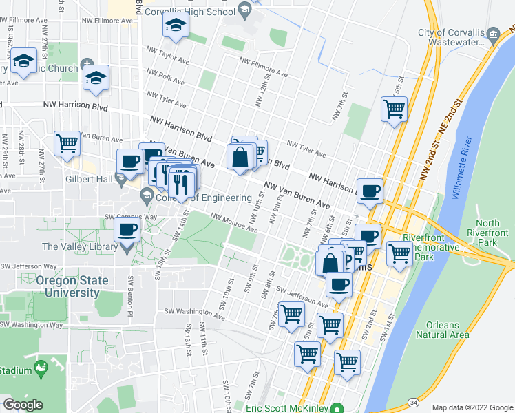 map of restaurants, bars, coffee shops, grocery stores, and more near Northwest Jackson Avenue & Northwest 10th Street in Corvallis