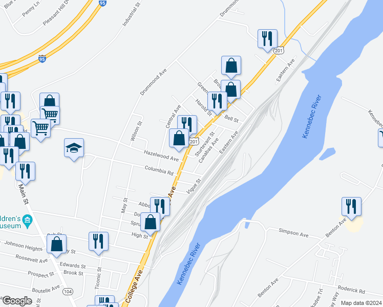 map of restaurants, bars, coffee shops, grocery stores, and more near 143 College Avenue in Waterville