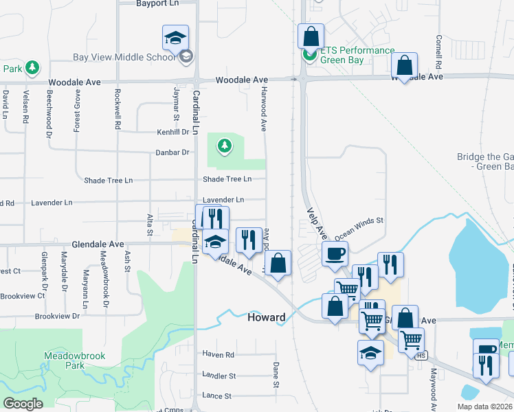 map of restaurants, bars, coffee shops, grocery stores, and more near 2532 Lavender Lane in Green Bay