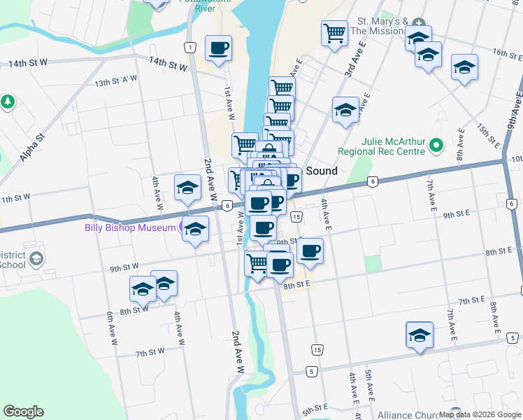 map of restaurants, bars, coffee shops, grocery stores, and more near 982 2nd Avenue East in Owen Sound