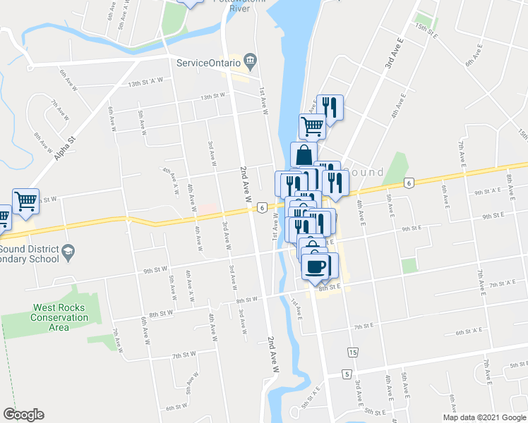 map of restaurants, bars, coffee shops, grocery stores, and more near 153 10th Street West in Owen Sound