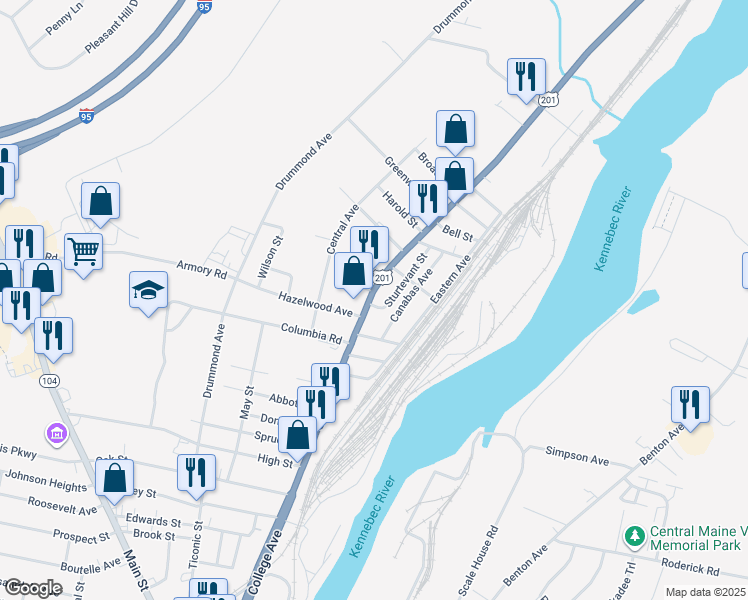 map of restaurants, bars, coffee shops, grocery stores, and more near 143 College Avenue in Waterville