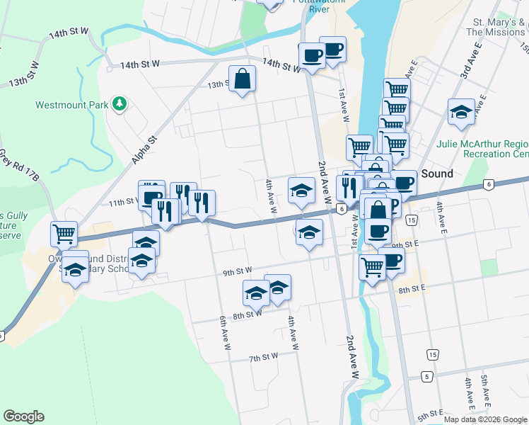 map of restaurants, bars, coffee shops, grocery stores, and more near 1022 4th Avenue West in Owen Sound