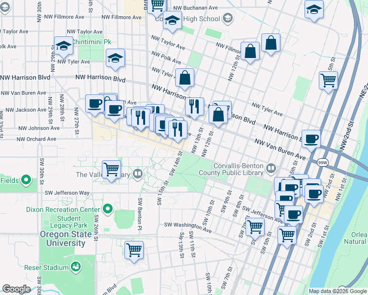 map of restaurants, bars, coffee shops, grocery stores, and more near 1363 Northwest Monroe Avenue in Corvallis
