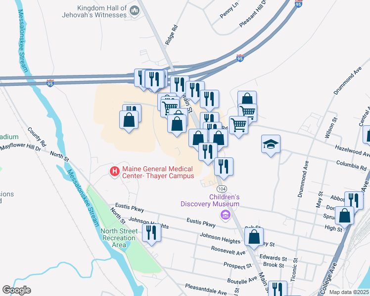 map of restaurants, bars, coffee shops, grocery stores, and more near 60 Elm Plaza in Waterville
