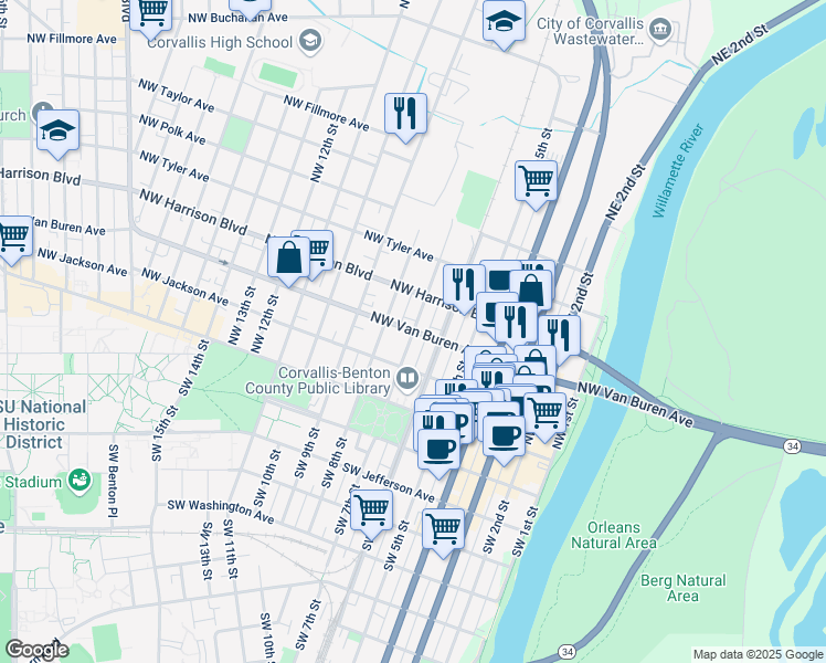 map of restaurants, bars, coffee shops, grocery stores, and more near NW 7th St & NW Van Buren Ave in Corvallis