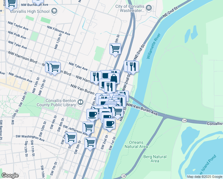 map of restaurants, bars, coffee shops, grocery stores, and more near 430 432 NW 3rd Street in Corvallis