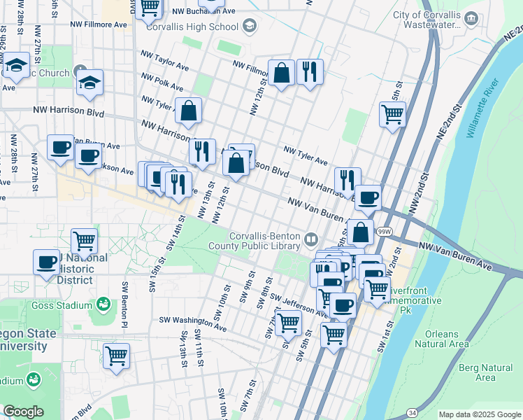 map of restaurants, bars, coffee shops, grocery stores, and more near 954 Northwest Van Buren Avenue in Corvallis