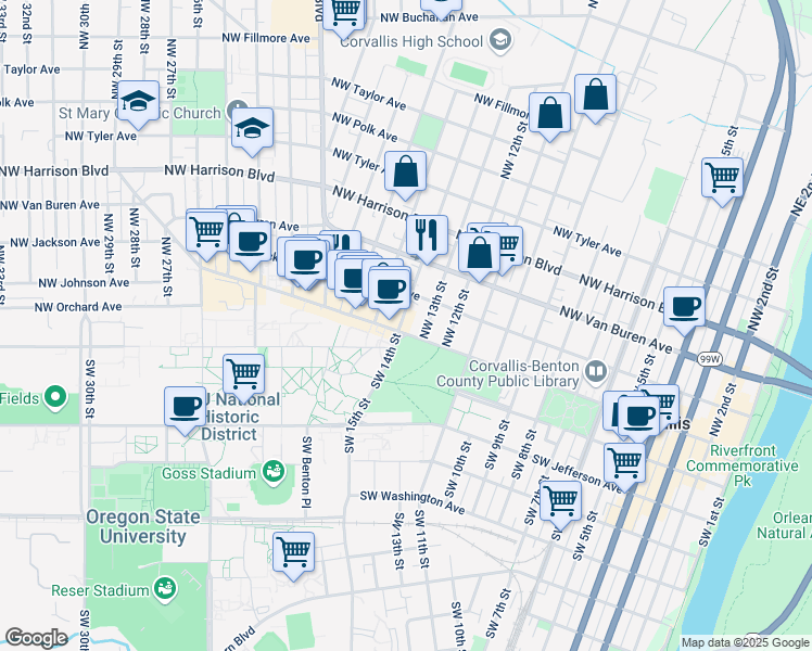 map of restaurants, bars, coffee shops, grocery stores, and more near 149 Northwest 14th Street in Corvallis