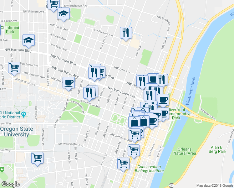 map of restaurants, bars, coffee shops, grocery stores, and more near 236 Northwest 8th Street in Corvallis