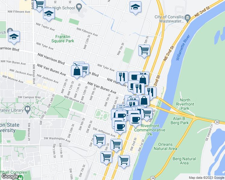 map of restaurants, bars, coffee shops, grocery stores, and more near 330 Northwest 7th Street in Corvallis