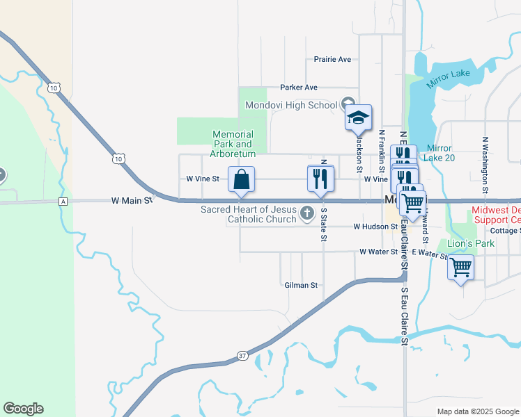 map of restaurants, bars, coffee shops, grocery stores, and more near 607 West Main Street in Mondovi