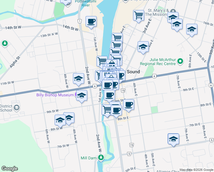 map of restaurants, bars, coffee shops, grocery stores, and more near 1000 2nd Avenue East in Owen Sound