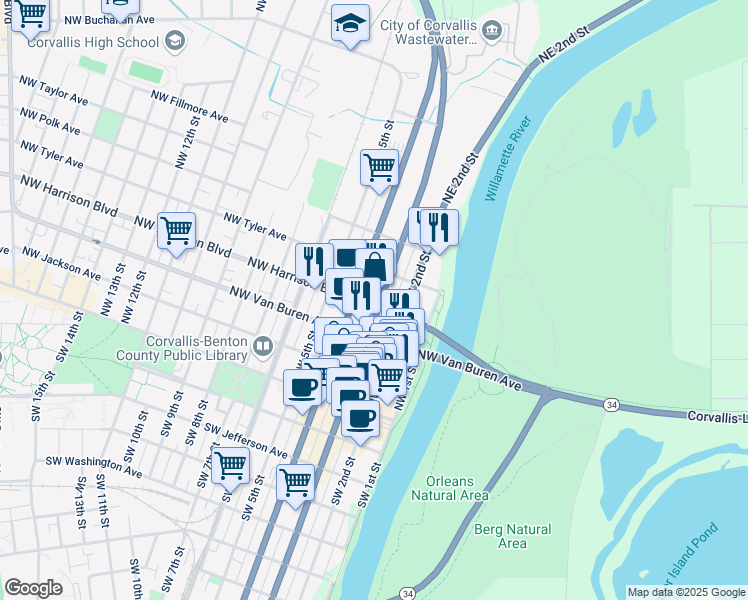 map of restaurants, bars, coffee shops, grocery stores, and more near 430 432 NW 3rd Street in Corvallis