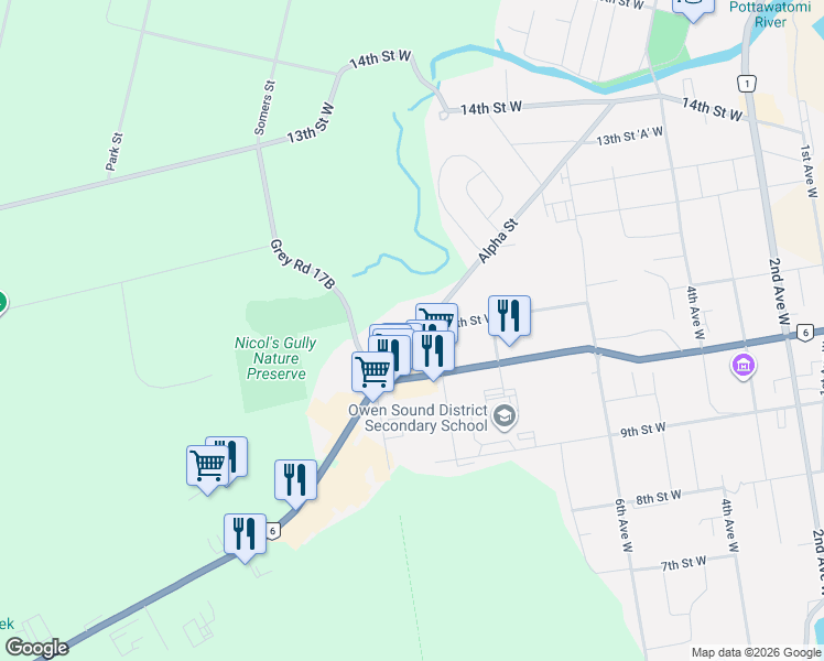 map of restaurants, bars, coffee shops, grocery stores, and more near 884 Alpha Street in Owen Sound