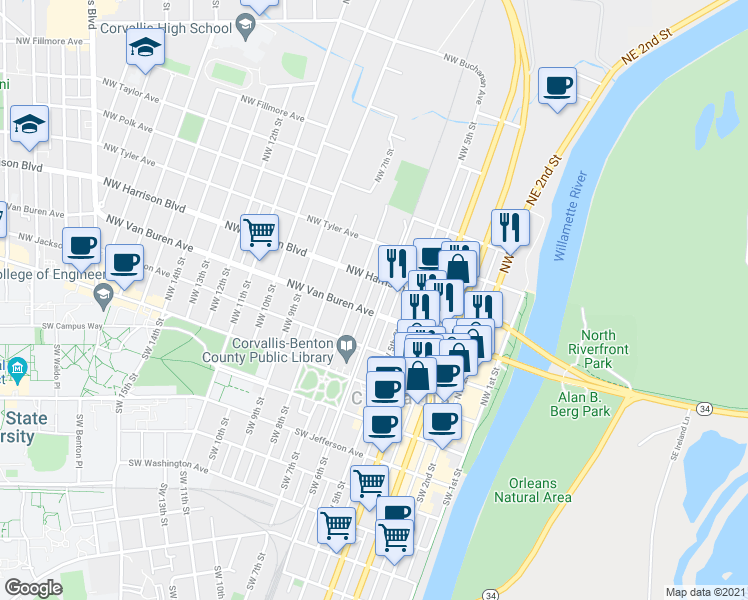 map of restaurants, bars, coffee shops, grocery stores, and more near 314 Northwest 6th Street in Corvallis