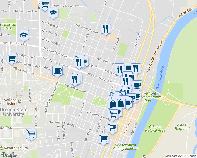 map of restaurants, bars, coffee shops, grocery stores, and more near 308 Northwest 8th Street in Corvallis