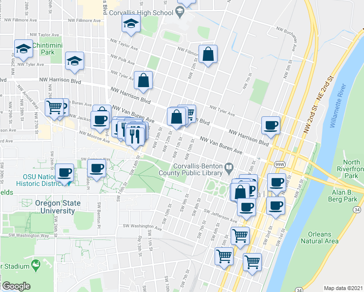 map of restaurants, bars, coffee shops, grocery stores, and more near 231 Northwest 11th Street in Corvallis
