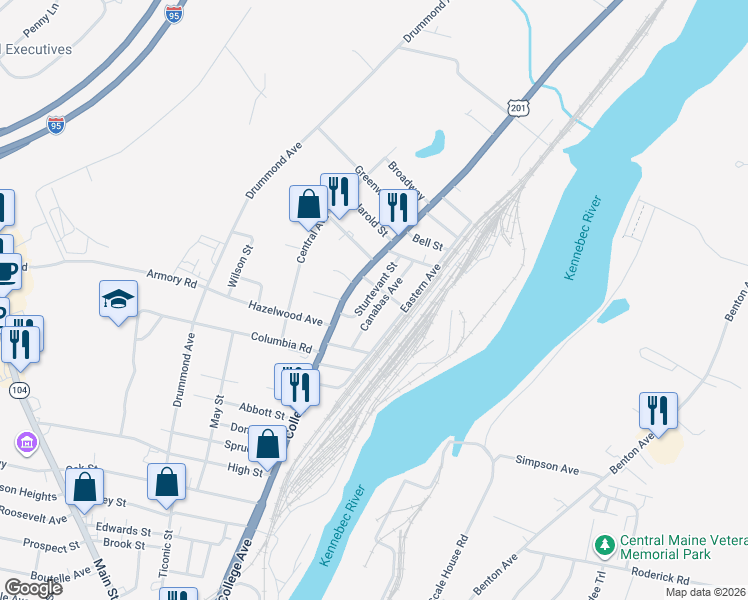 map of restaurants, bars, coffee shops, grocery stores, and more near 23 Canabas Avenue in Waterville