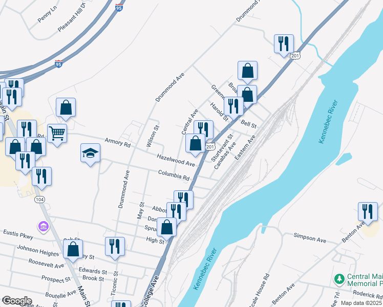 map of restaurants, bars, coffee shops, grocery stores, and more near 9 Walnut Street in Waterville