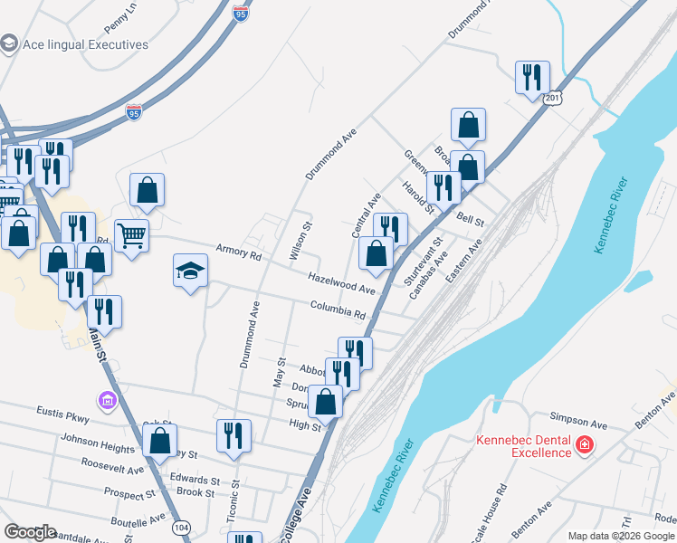 map of restaurants, bars, coffee shops, grocery stores, and more near 22 Central Avenue in Waterville