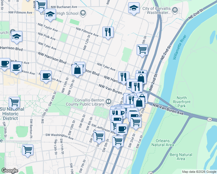 map of restaurants, bars, coffee shops, grocery stores, and more near 330 Northwest 7th Street in Corvallis