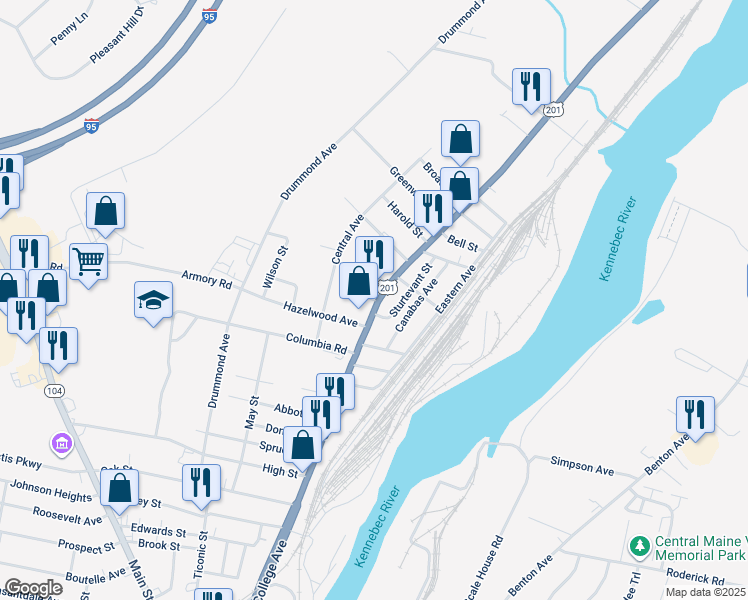map of restaurants, bars, coffee shops, grocery stores, and more near 9 Walnut St in Waterville