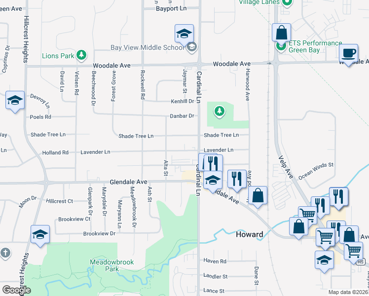 map of restaurants, bars, coffee shops, grocery stores, and more near 2621 Shade Tree Lane in Green Bay