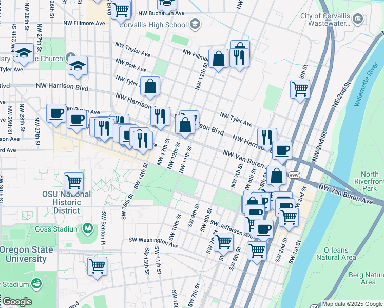 map of restaurants, bars, coffee shops, grocery stores, and more near 231 Northwest 11th Street in Corvallis